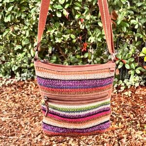 The Sak Brown Pink Striped Crocheted Shoulder Bag Multi Color Leather Accent